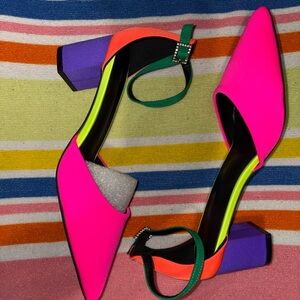 Vibrant Pink and Purple Heels with Green Strap